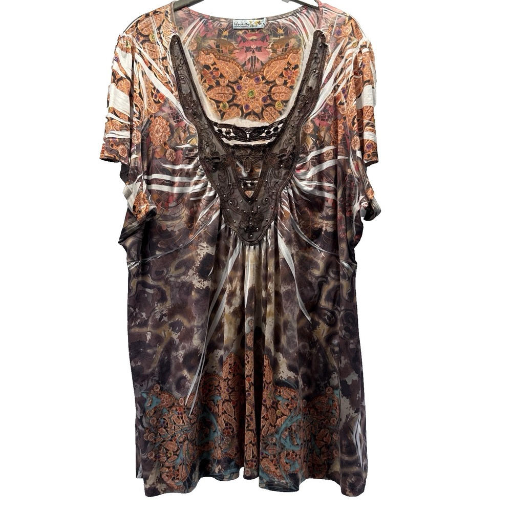 Unity World Wear Top Tunic 2X Plus Brown Lace Y2K Embellished Artsy Boho Hippie